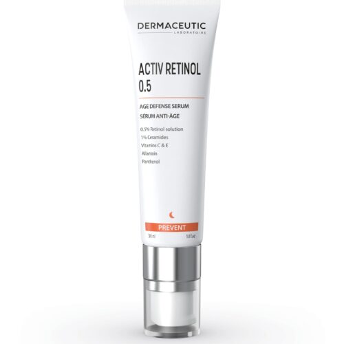 Förpackning av Dermaceutic Activ Retinol 0.5, ett ålderförebyggande serum i en vit tub med en pumpflaska. Produkten är designad för att minska rynkor, förbättra hudtextur och återställa hudens lyster med hjälp av retinol och antioxidanter.
