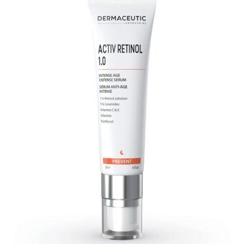 Dermaceutic Activ Retinol 1.0% 30 ml, åldersmotverkande serum i en vit tub med silverlock, designad för att reducera rynkor, fina linjer och ge en jämnare hudton.